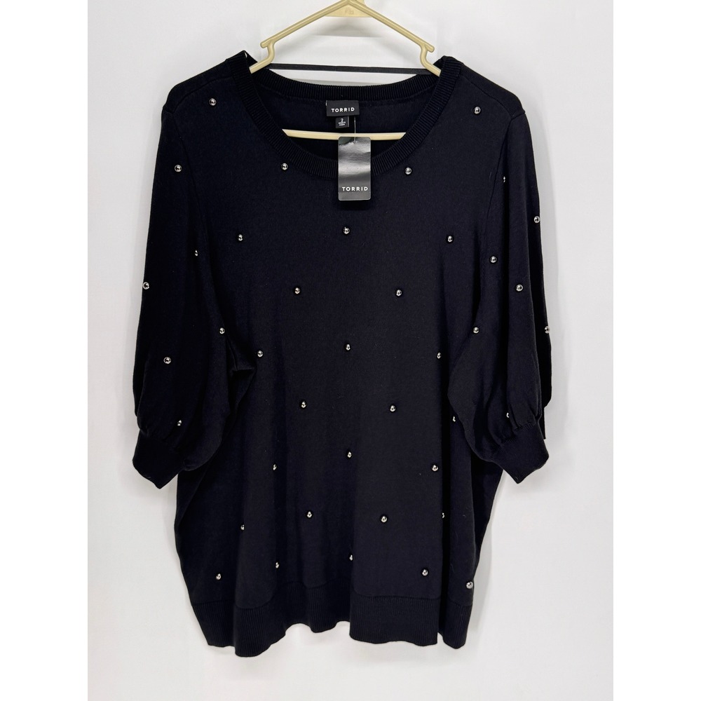 Torrid Pullover Womens 2X Black NWT Studded Puff Short Sleeve Crew Neck Sweater